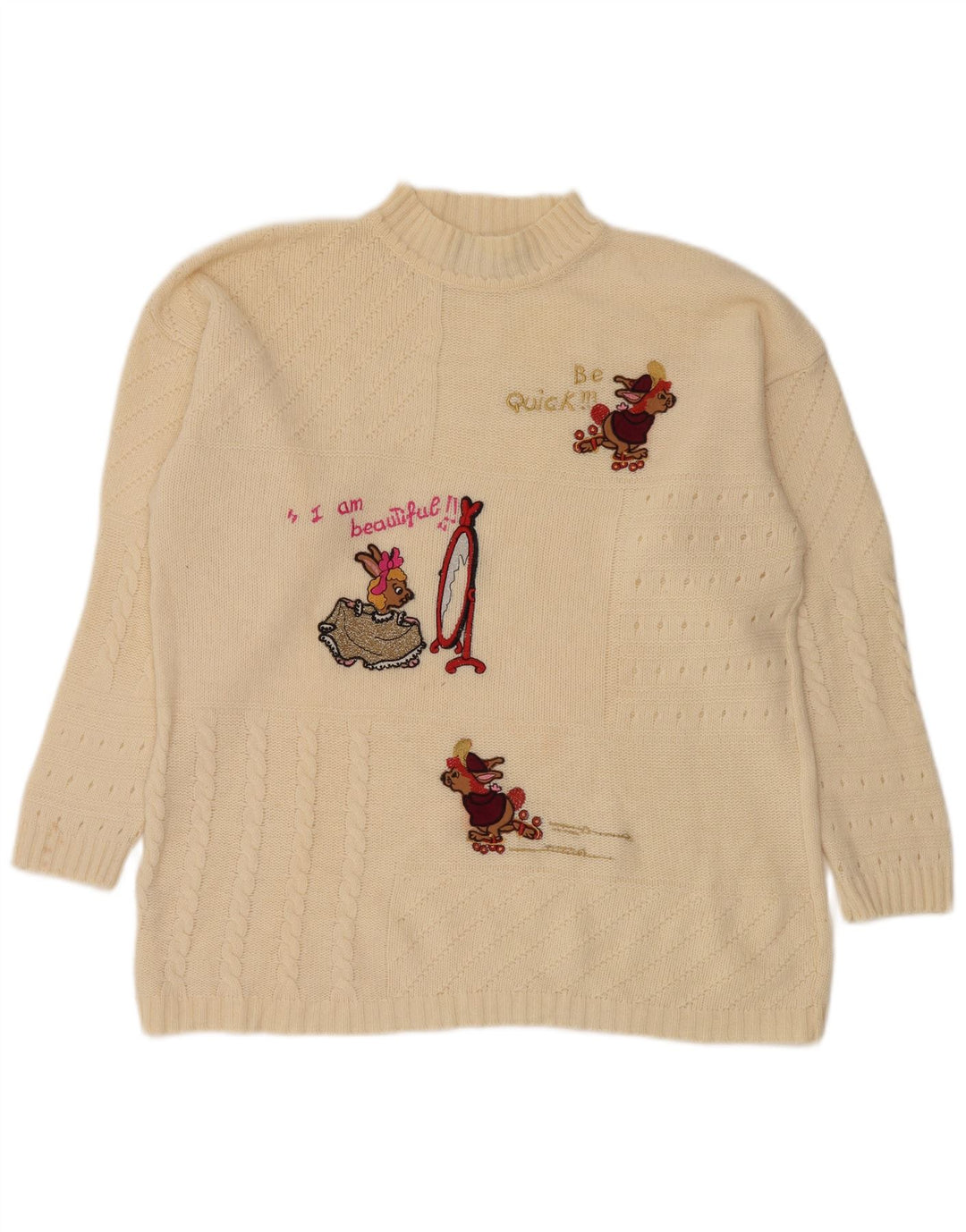 Винтажный женский джемпер с высоким воротником и рисунком, Великобритания, 14, средний, белый