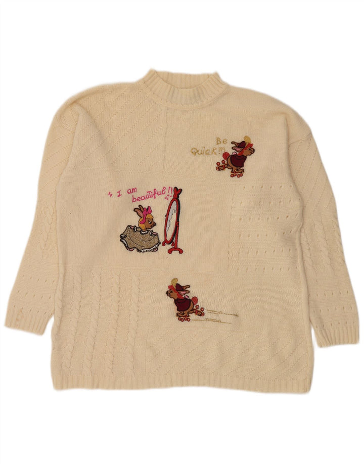 Винтажный женский джемпер с высоким воротником и рисунком, Великобритания, 14, средний, белый