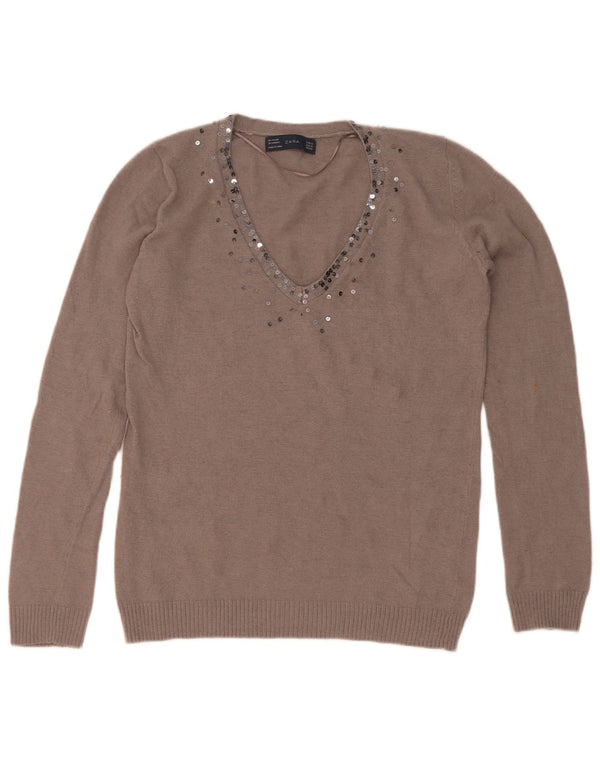 Женский джемпер с v-образным вырезом Zara UK 14, средний коричневый цвет