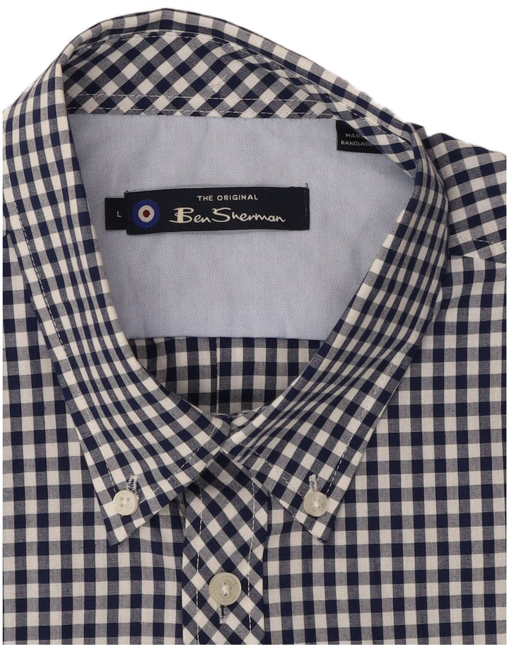 BEN SHERMAN Mens Shirt Large Navy Blue Gingham Cotton Classic