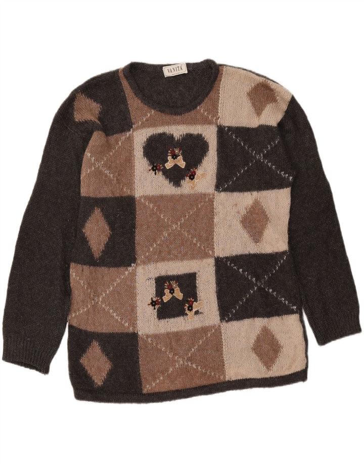 ВИНТАЖНЫЙ женский свитер с вырезом «лодочка», Великобритания, 16, большой серый с геометрическим узором