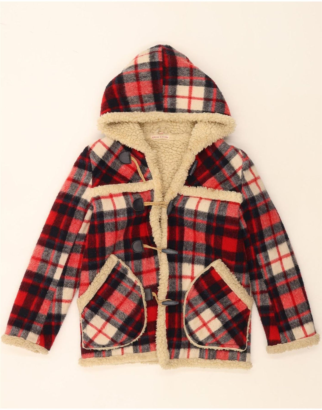 SIMONE Куртка-дафл из шерпы с капюшоном для девочек 9-10 лет, красная клетка