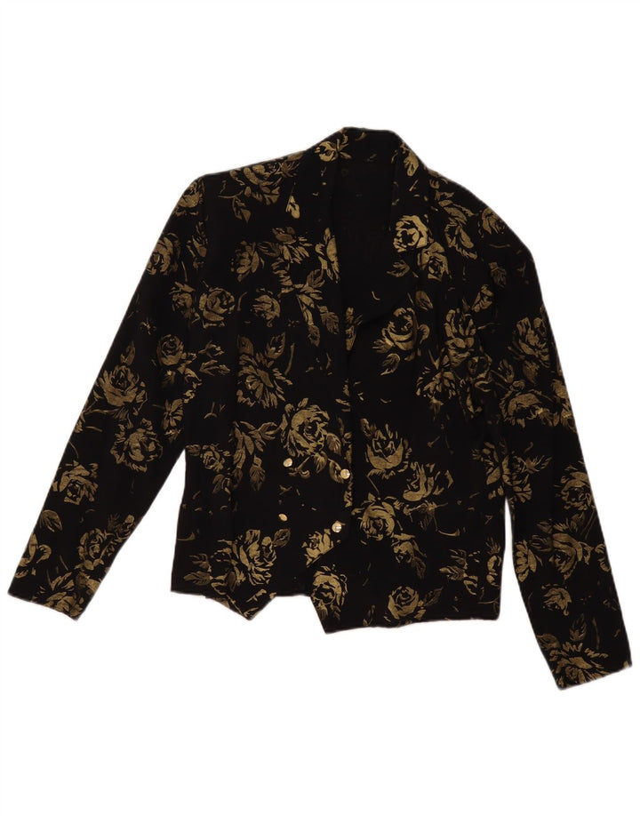 ВИНТАЖНЫЙ женский двубортный пиджак EU 36, маленький черный с цветочным принтом