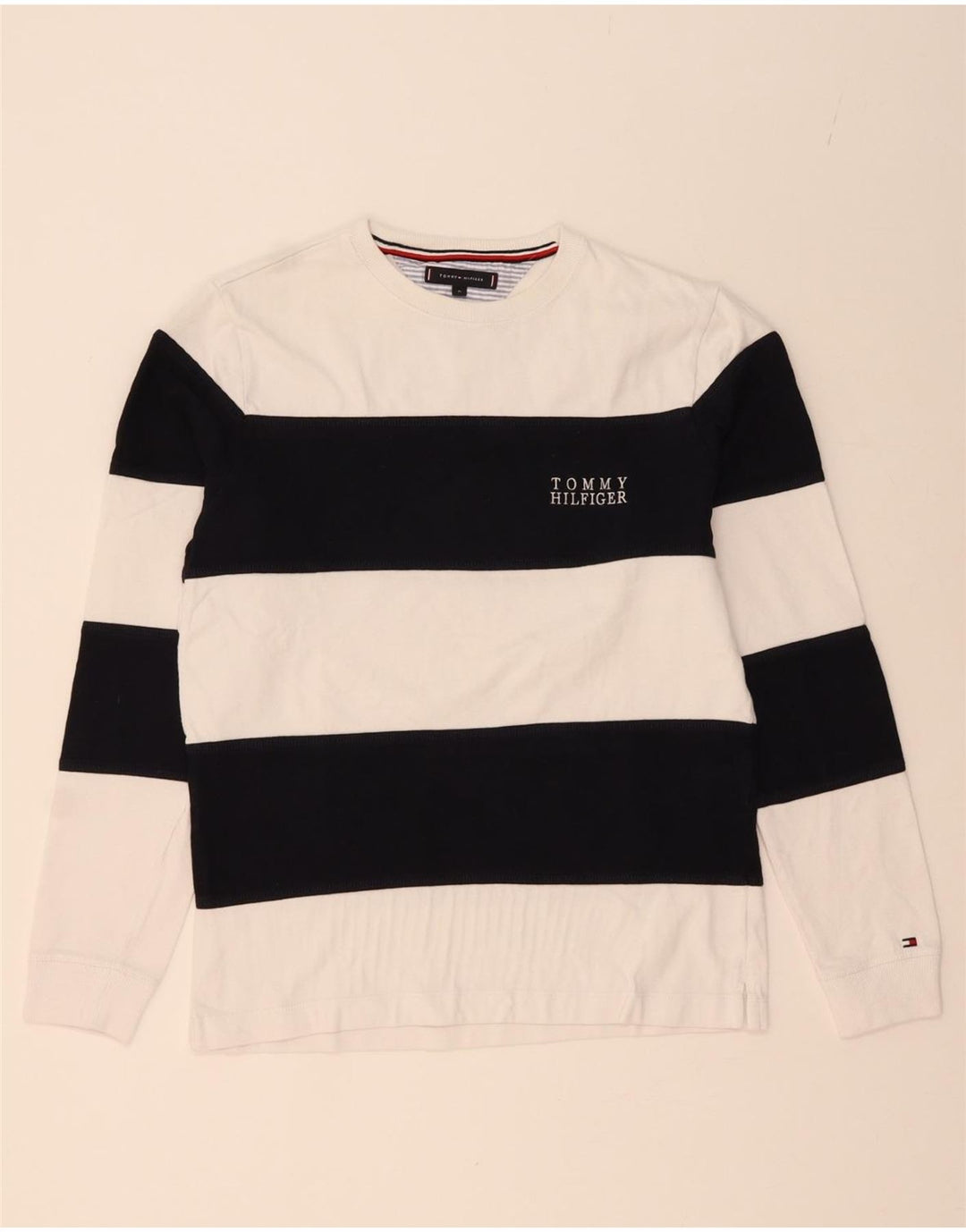 TOMMY HILFIGER Mens Crew Neck Jumper Sweater Medium White Striped Cotton Vintage Tommy Hilfiger and Second-Hand Tommy Hilfiger from Messina Hembry 