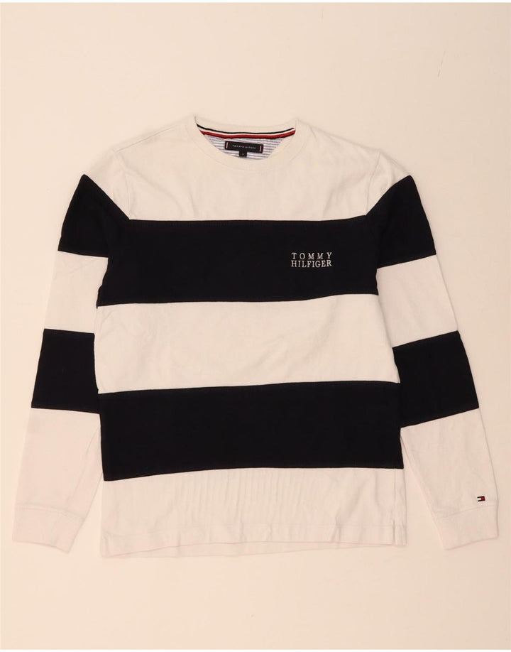 TOMMY HILFIGER Mens Crew Neck Jumper Sweater Medium White Striped Cotton Vintage Tommy Hilfiger and Second-Hand Tommy Hilfiger from Messina Hembry 