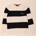 TOMMY HILFIGER Mens Crew Neck Jumper Sweater Medium White Striped Cotton Vintage Tommy Hilfiger and Second-Hand Tommy Hilfiger from Messina Hembry 