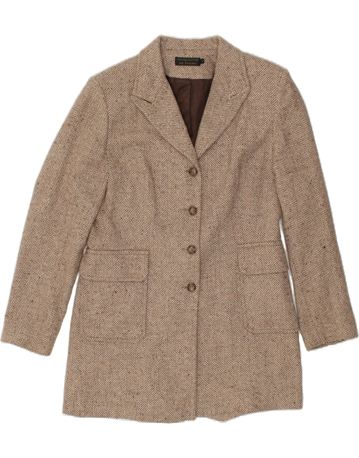 JACQUELINE DE YONG Womens Overcoat IT 42 Medium Beige Herringbone Acrylic Vintage Jacqueline De Yong and Second-Hand Jacqueline De Yong from Messina Hembry 