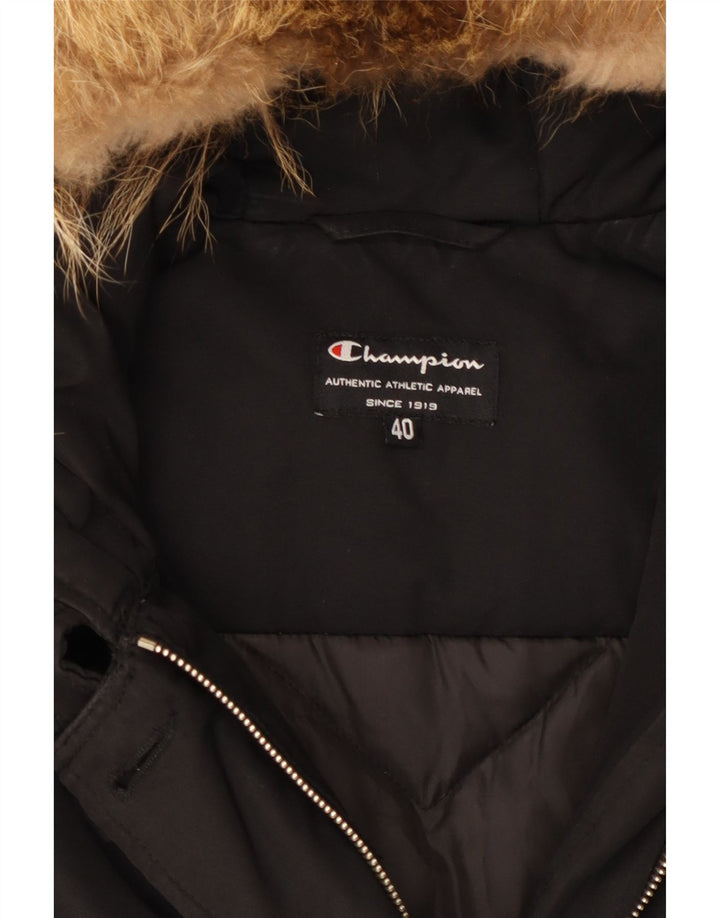 CHAMPION Womens Hooded Padded Coat EU 40 Medium Black Cotton Vintage Champion and Second-Hand Champion from Messina Hembry 