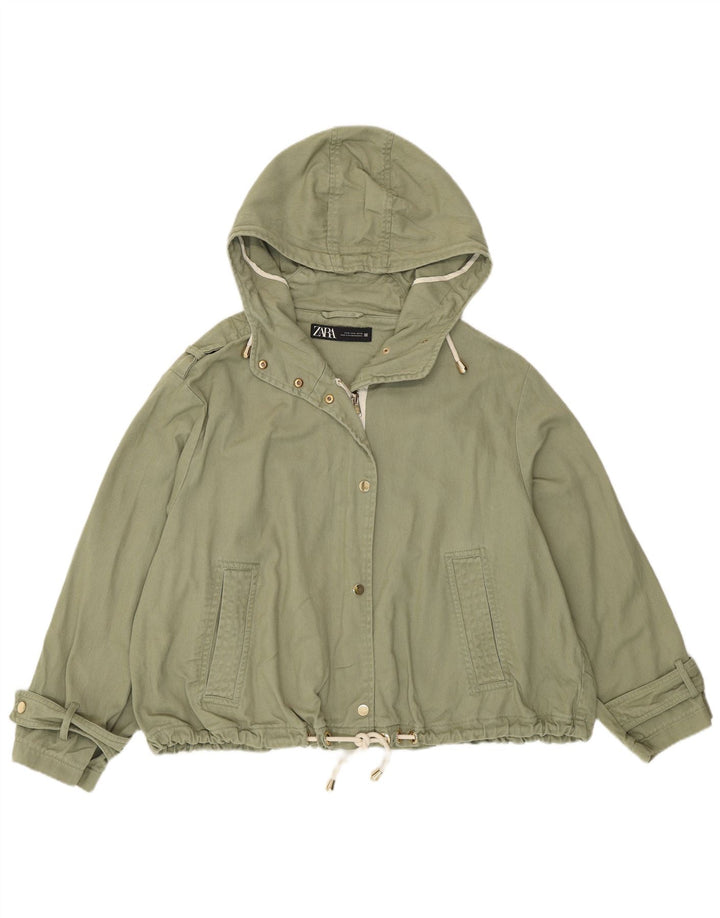 Женский укороченный бомбер оверсайз с капюшоном ZARA UK 14, хлопок среднего размера, хаки