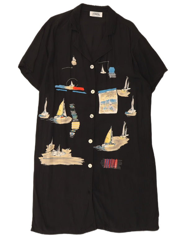 Vintage Womens Graphic Short Sleeves Shirt Dress UK 10 Small Black Viscose
