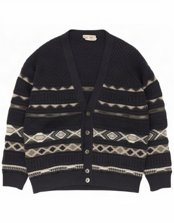 Falcaro Mens Cardigan Sweater IT 54 XL Navy Blue Geometric Merino Wool