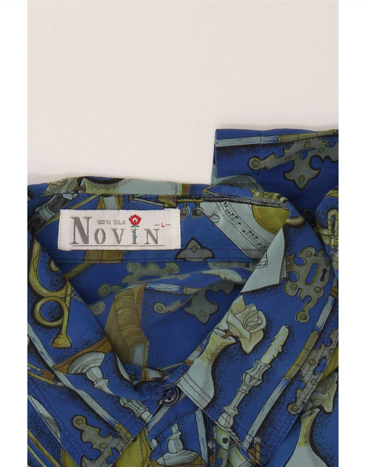 VINTAGE Мужская рубашка с коротким рукавом с абстрактным узором, большая синяя шелковая рубашка