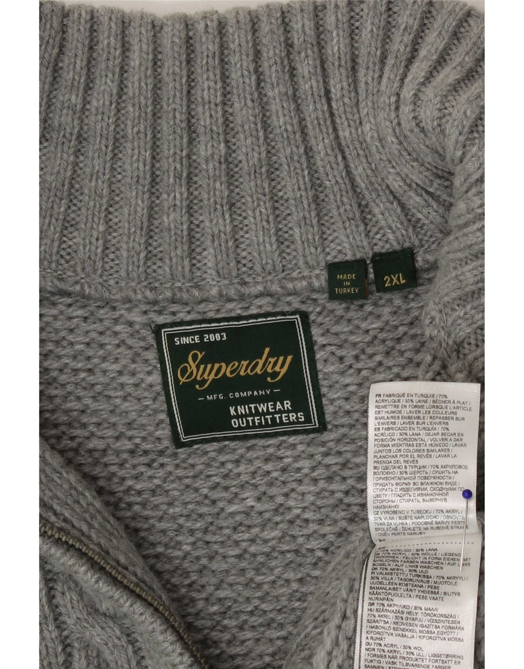Мужской свитер с воротником на молнии Superdry 2XL, серый акрил