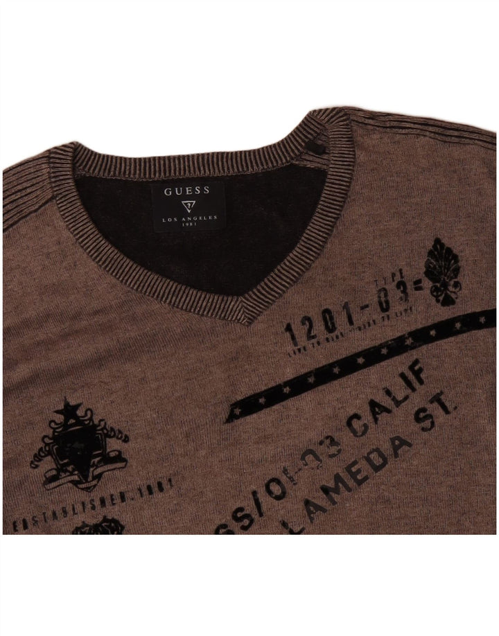 GUESS Мужской джемпер с V-образным вырезом и рисунком, XL, серый