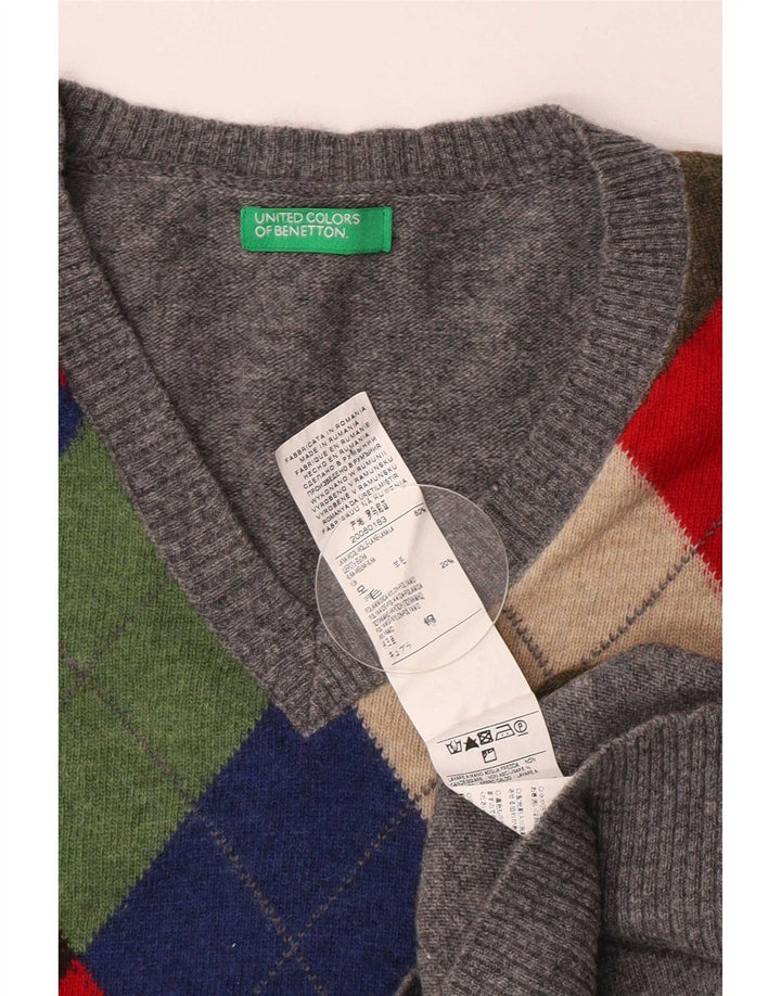 Мужской джемпер Benetton с v-образным вырезом, средний серый цвет с узором аргайл/ромб, шерсть