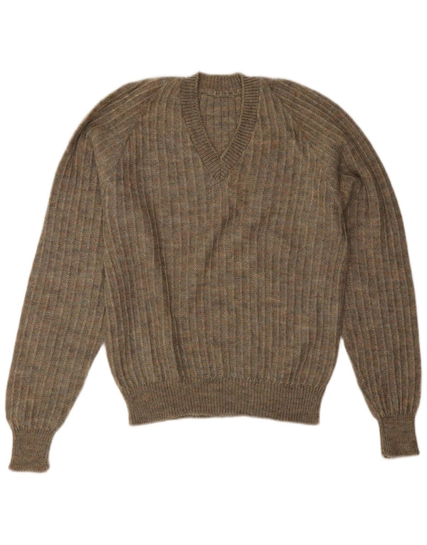 Vintage Womens V-Neck Jumper Sweater UK 18 XL Khaki Flecked