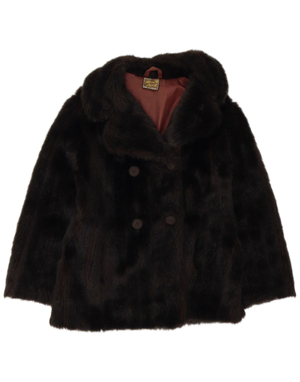 VINTAGE Womens Faux Fur Double Breasted Coat UK 10 Small Black Acrylic