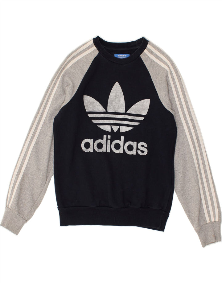 ADIDAS Boys Graphic Sweatshirt Jumper 12-13 Years Navy Blue Colourblock | Vintage Adidas | Thrift | Second-Hand Adidas | Used Clothing | Messina Hembry 