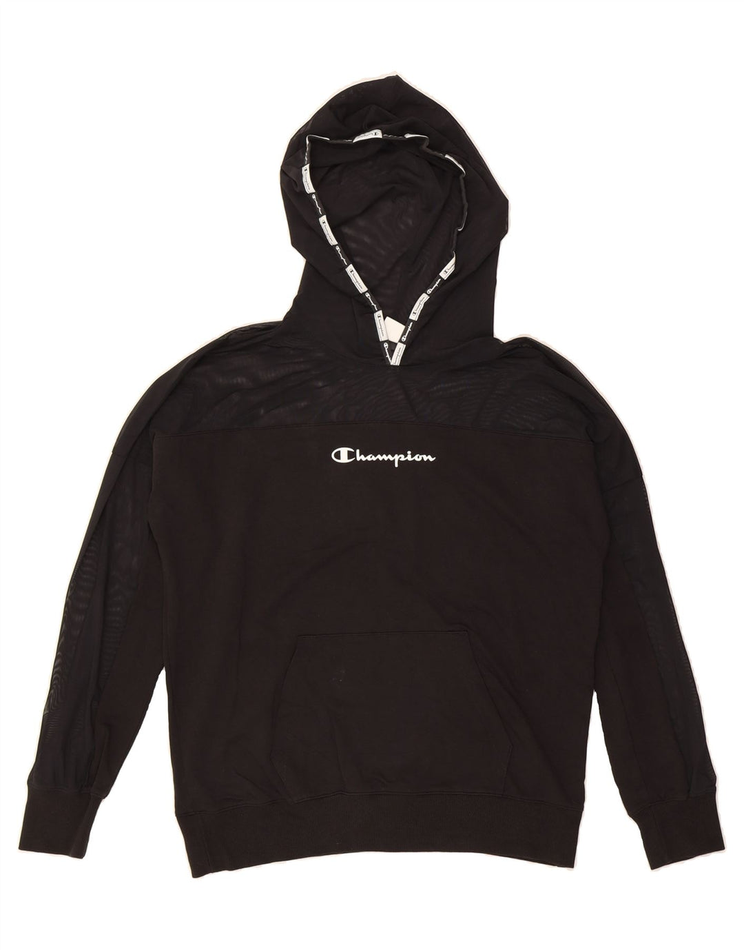 CHAMPION Womens Oversized Hoodie Jumper UK 14 Medium Black Colourblock Vintage Champion and Second-Hand Champion from Messina Hembry 