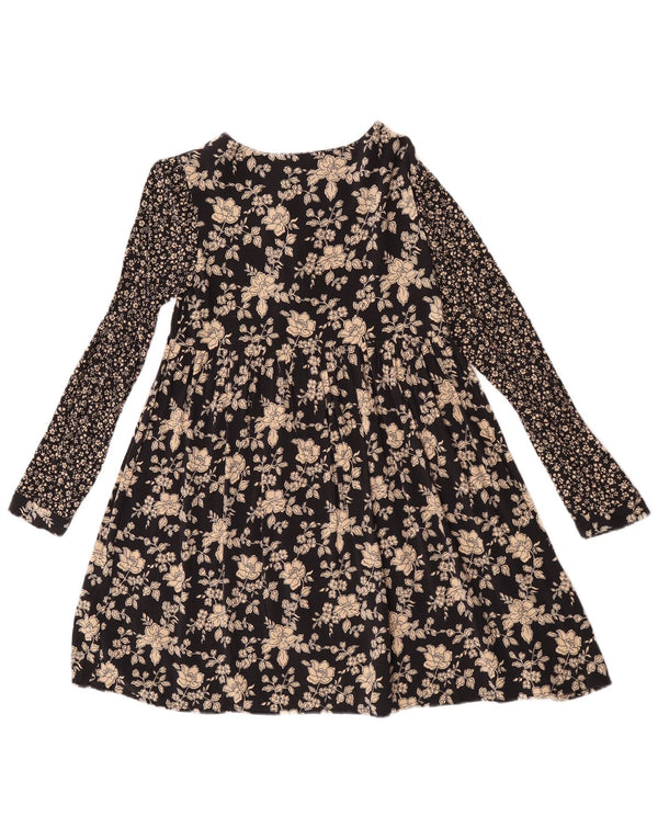 Платье А-силуэта с длинными рукавами Zara для девочек 13–14 лет, черное с цветочным принтом
