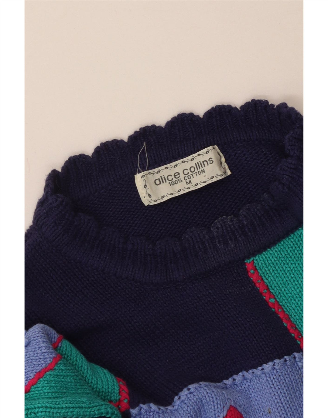 ВИНТАЖНЫЙ женский джемпер с круглым вырезом UK 14, средний темно-синий в стиле пэчворк