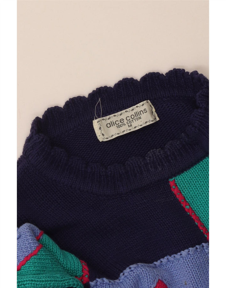 ВИНТАЖНЫЙ женский джемпер с круглым вырезом UK 14, средний темно-синий в стиле пэчворк