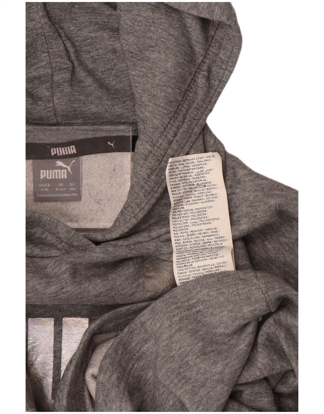 PUMA Укороченный джемпер с капюшоном и рисунком для девочек, 9–10 лет, серый хлопок