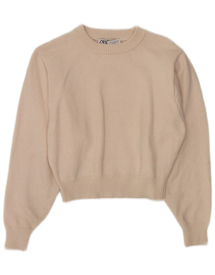 Женский укороченный джемпер с круглым вырезом Zara UK 12, средний цвет из вискозы белого цвета