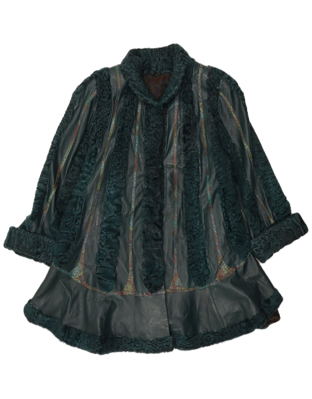 Винтажное женское кожаное меховое пальто UK 22 3XL, зеленое