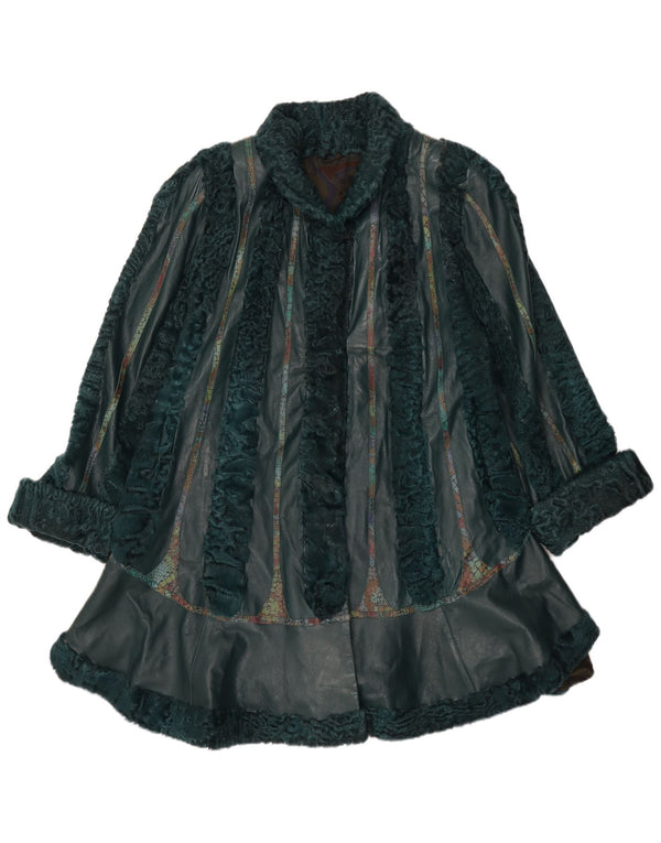 Винтажное женское кожаное меховое пальто UK 22 3XL, зеленое