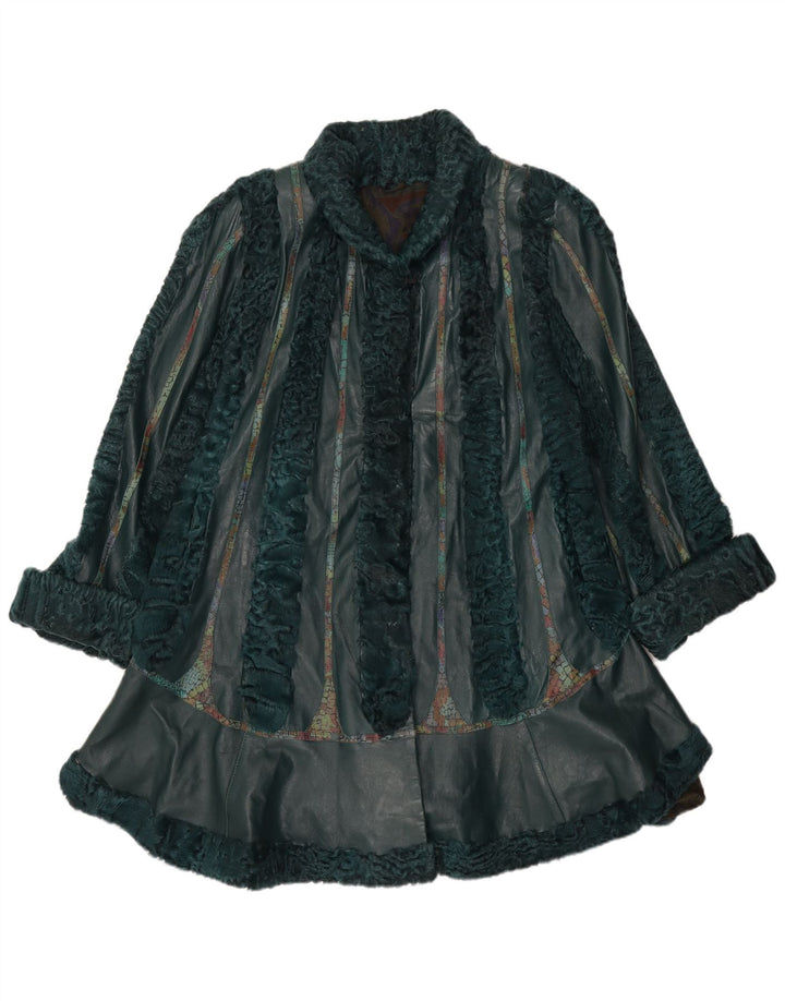 Винтажное женское кожаное меховое пальто UK 22 3XL, зеленое