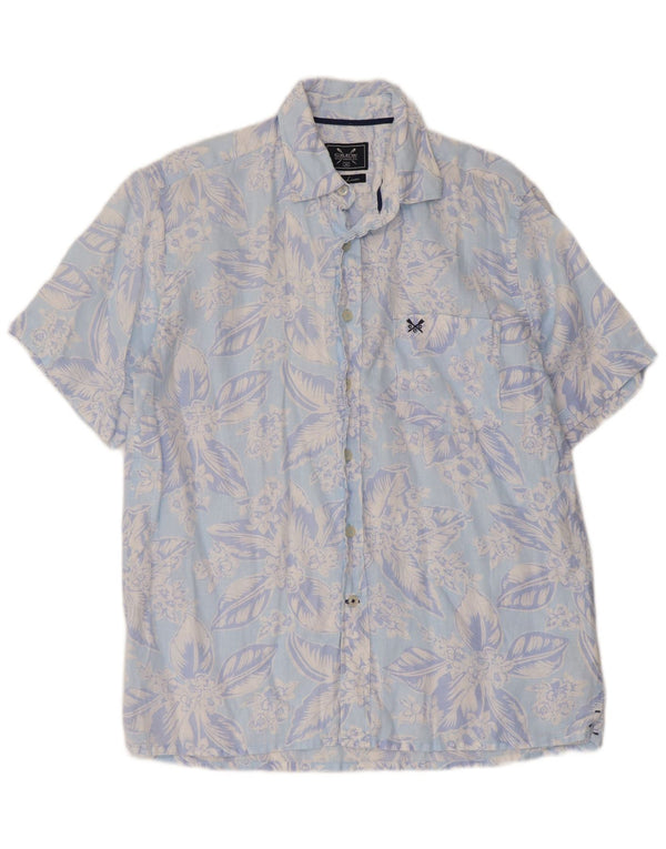 Crew Clothing Мужская рубашка с коротким рукавом из льна среднего синего цвета с цветочным принтом