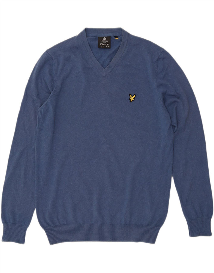 Мужской джемпер с v-образным вырезом Lyle & Scott, хлопковый свитер среднего синего цвета