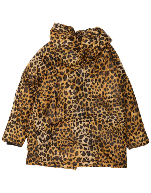 Zara Женское длинное стеганое пальто с капюшоном UK 6 XS Коричневое с животным принтом