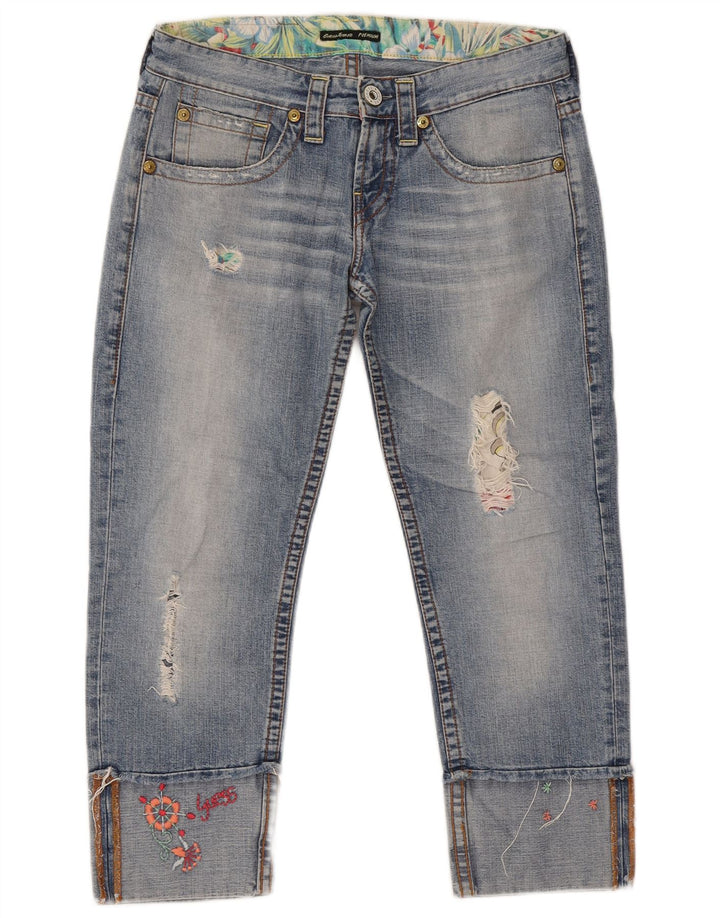Guess Женские укороченные джинсы с потертостями W28 L24 Синие хлопковые