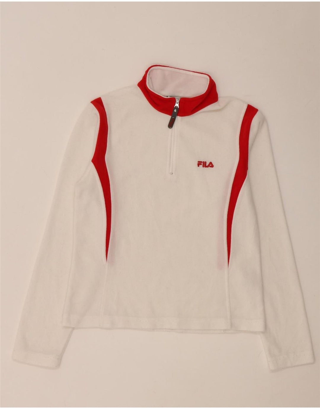 Женский топ Fila с воротником на молнии и длинными рукавами, Великобритания, 8, маленький, белый, полиэстер с цветными блоками