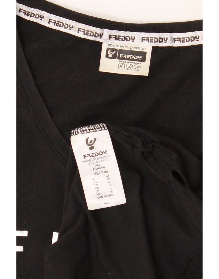 FREDDY Womens Graphic Vest Top UK 12 Medium  Black Cotton Vintage Freddy and Second-Hand Freddy from Messina Hembry 