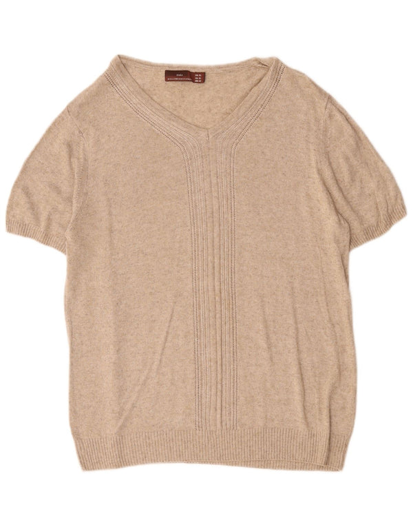 Женский джемпер с короткими рукавами и v-образным вырезом Zara UK 18 XL, бежевый в крапинку