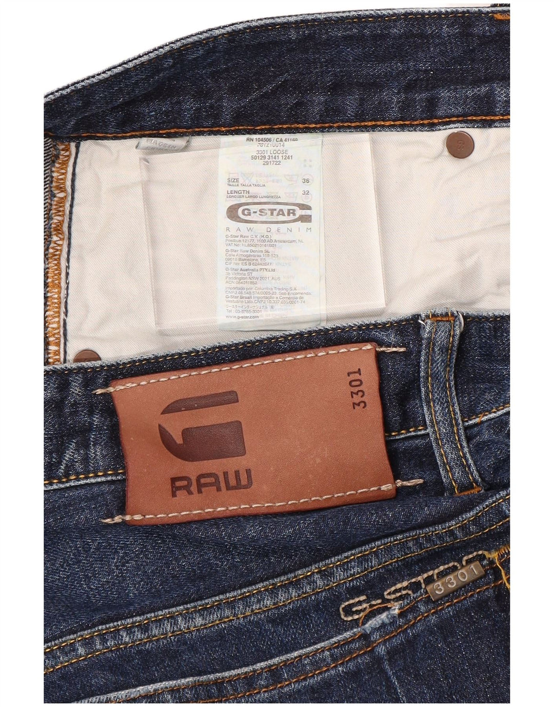 Мужские прямые джинсы G-Star 3301 W36 L32 синие, хлопок