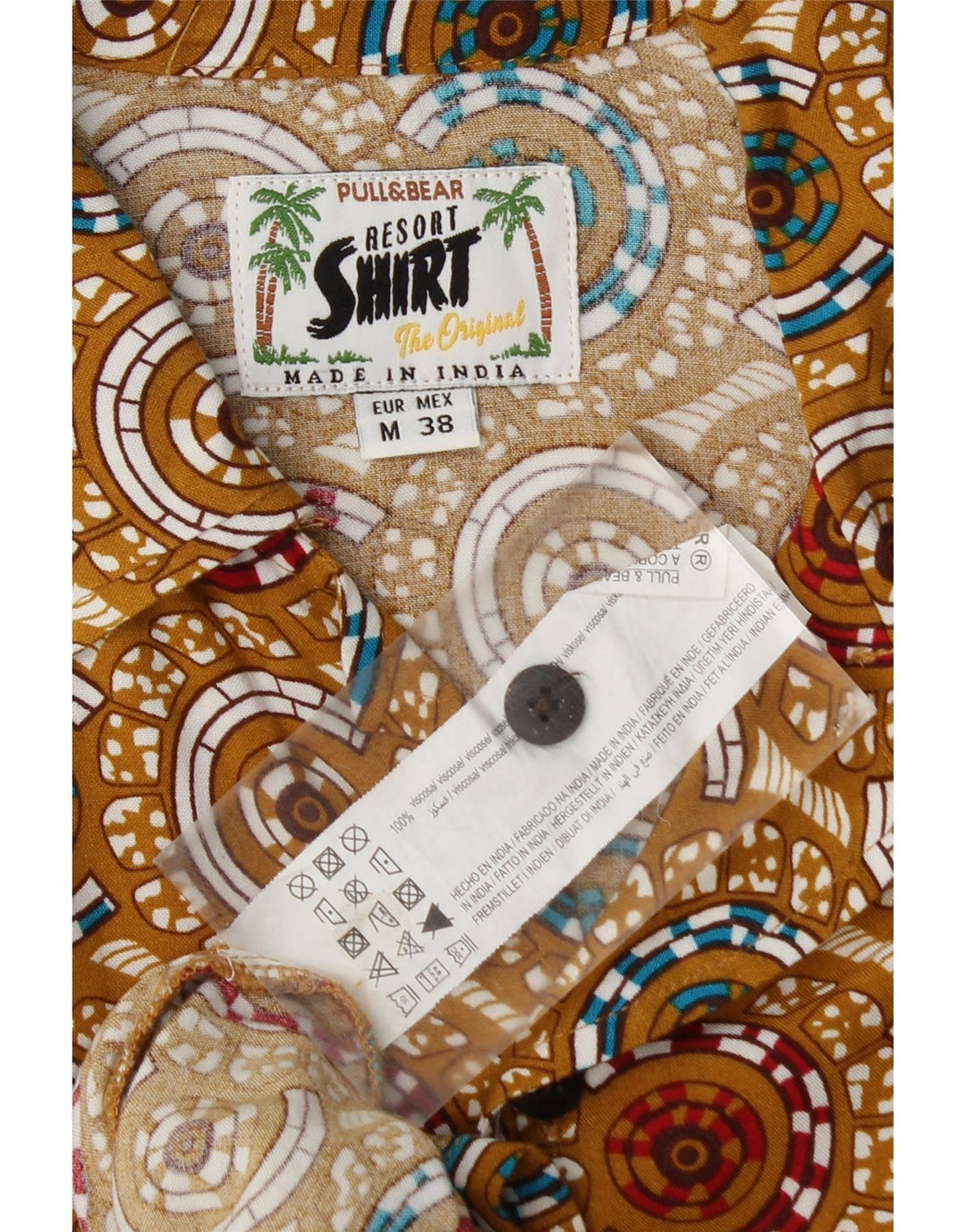 Мужская рубашка с коротким рукавом Pull & Bear, вискоза среднего бежевого цвета с геометрическим рисунком