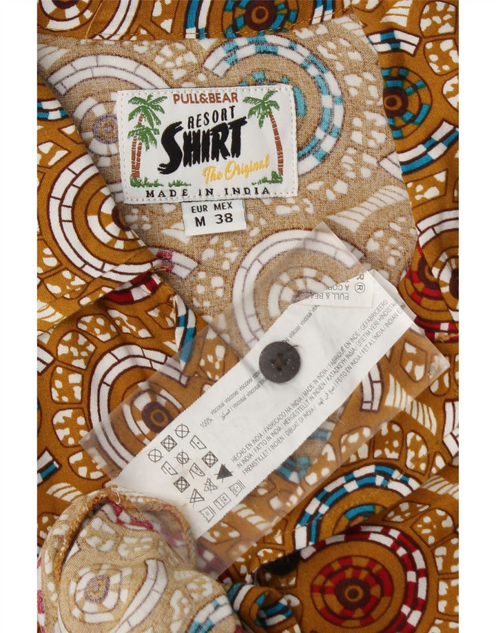 Мужская рубашка с коротким рукавом Pull & Bear, вискоза среднего бежевого цвета с геометрическим рисунком
