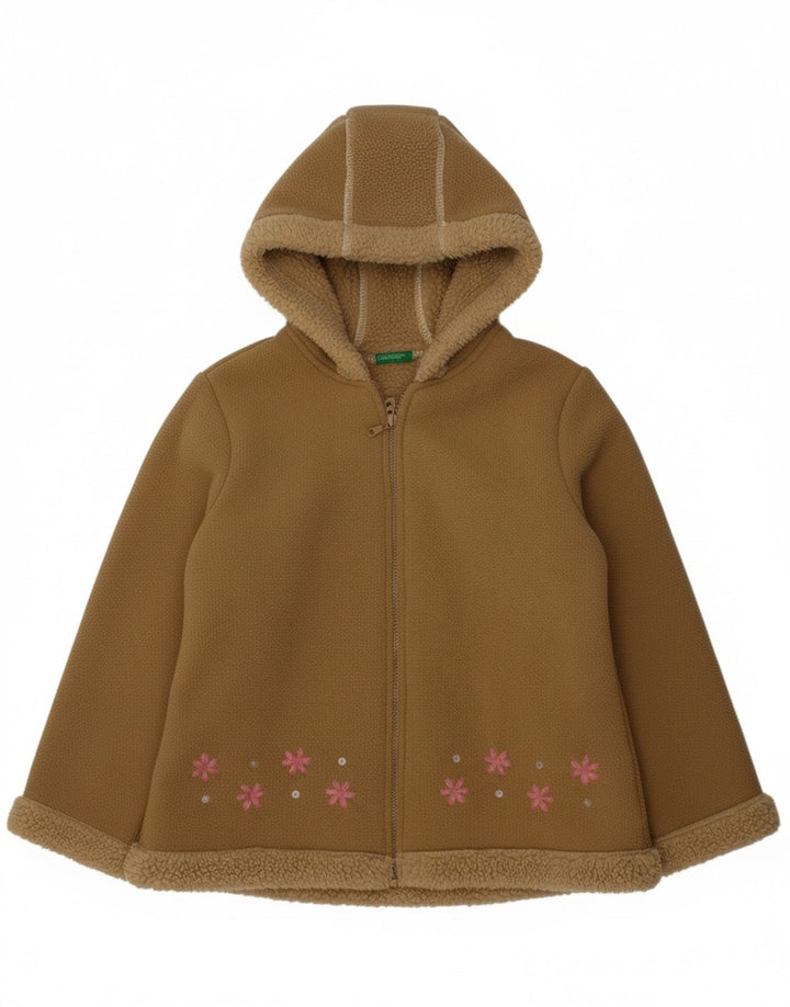 BENETTON Girls Hooded Fleece Jacket 7-8 Years Brown Polyester