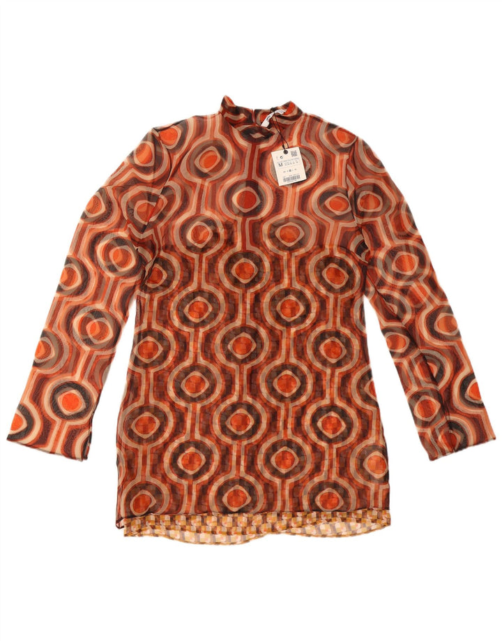 Женская туника с длинными рукавами Zara UK 12, средний коричневый полиэстер с геометрическим рисунком