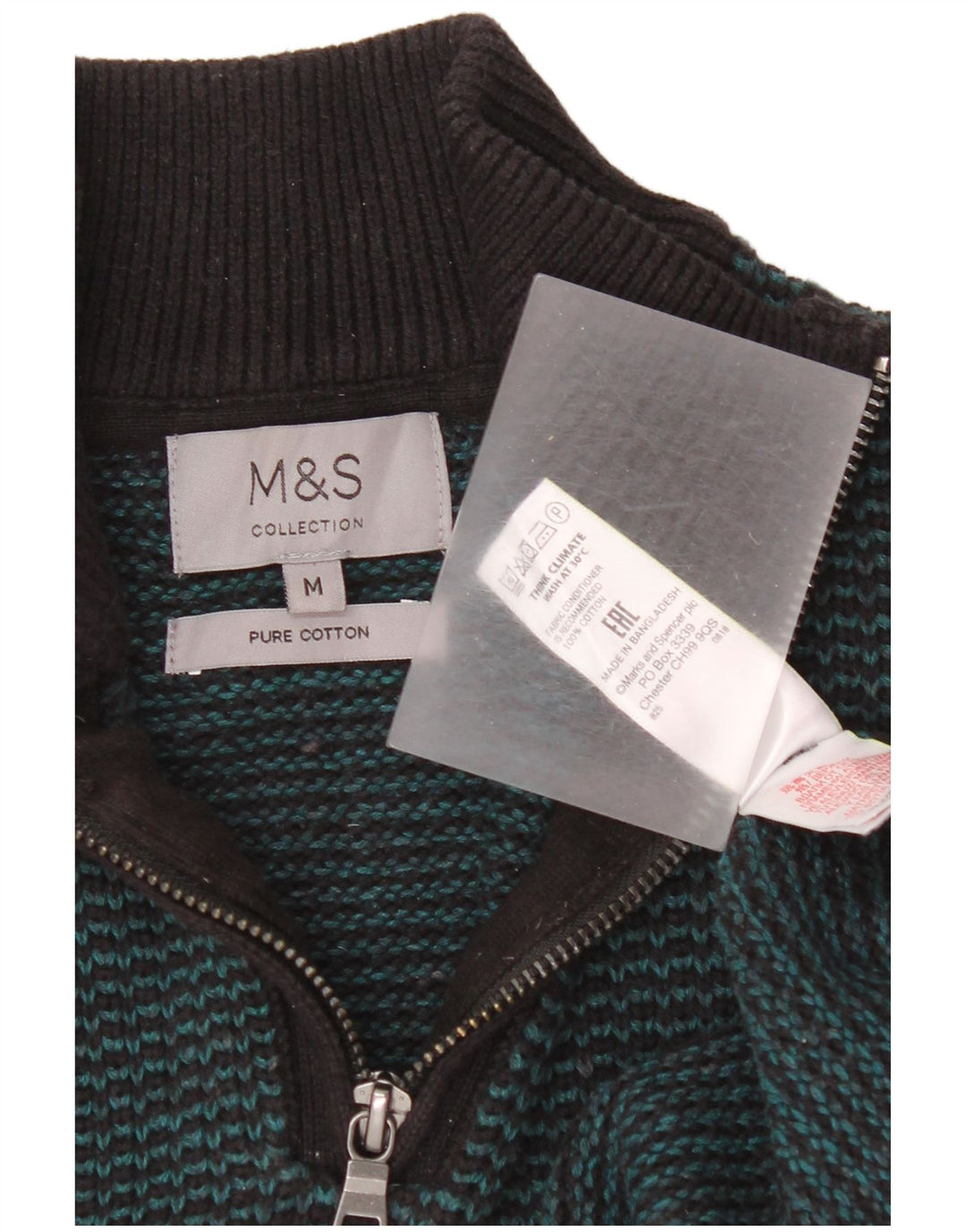 Мужской джемпер с воротником на молнии Marks & Spencer, хлопковый свитер среднего зеленого цвета в полоску
