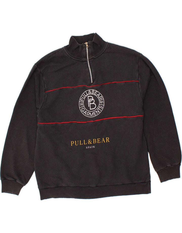 PULL & BEAR Womens Graphic Zip Neck Sweatshirt Jumper UK 14 Medium Black Vintage Pull & Bear and Second-Hand Pull & Bear from Messina Hembry 