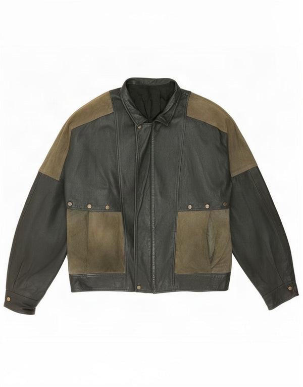 Мужская кожаная куртка Maxime IT 56 3XL хаки с цветными блоками