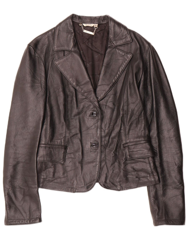 Винтажный женский кожаный пиджак на 2 пуговицах IT 42, средний черный кожаный