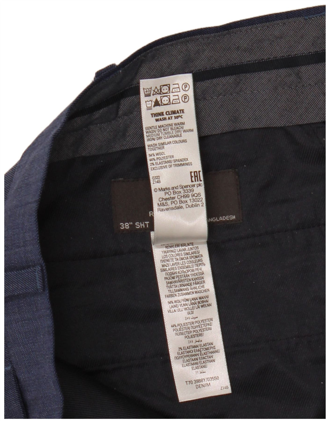 Мужские костюмные брюки классического кроя Marks & Spencer W38 L29 синие шерстяные