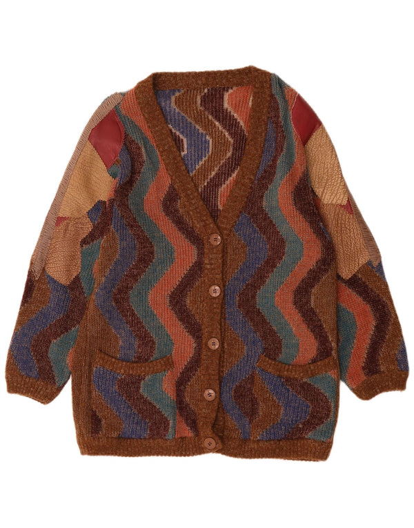 Винтажный женский свитер-кардиган, Великобритания, 18 XL, коричневый, шерстяной с цветными блоками