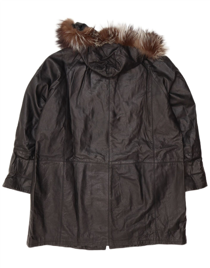 Винтажное женское кожаное пальто оверсайз с капюшоном IT 48 XL, черное кожаное